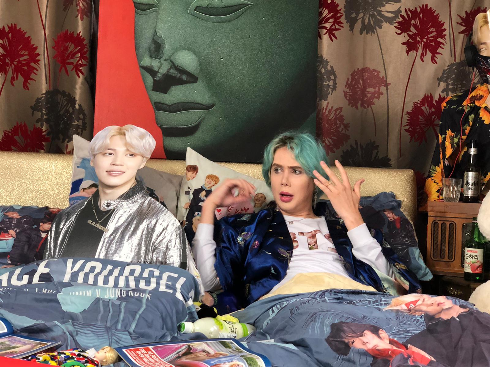 BTS Superfan Oli London Bathes in Noodles during 'Lockdown Honeymoon' with cardboard 'husband
